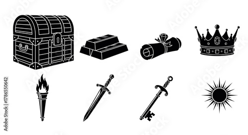 Black silhouette icons of a treasure chest, gold bars, scroll, crown, torch, sword, key, and sun, representing medieval fantasy elements.