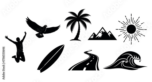 Black silhouette icons of a person jumping, bird in flight, palm tree, mountains, sunburst, surfboard, winding road, and ocean wave, representing diverse outdoor activities.