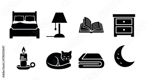 Black silhouette icons of a bed, lamp, book, nightstand, candle, cat, blanket, and crescent moon for home and comfort concepts.