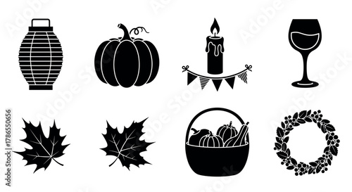 Set of eight black silhouette autumn icons featuring a lantern, pumpkin, candle, wine glass, maple leaves, basket with gourds, and decorative wreath.