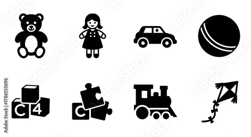 Set of simple black toy icons including a teddy bear, doll, car, ball, blocks, puzzle, train, and kite.
