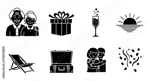 Collection of eight black silhouette icons featuring an elderly couple, a gift box, a champagne glass, a sunset, a beach chair, a suitcase, a couple hugging, and confetti.