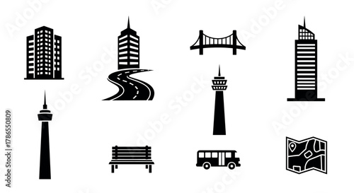 Collection of black icon illustrations depicting a variety of urban structures including tall skyscrapers, bridge, tower, bench, bus, and a navigational map.