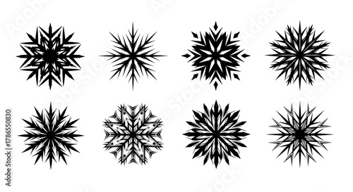 Eight intricate black geometric star patterns, each with a unique sharp-edged design, arranged in two rows on a white background.