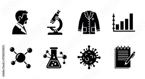 Black silhouette icons of a scientist, microscope, lab coat, graph, molecule, beaker, virus, and notebook with pencil, representing various scientific concepts.