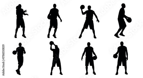 Eight black silhouettes of male basketball players performing various actions including dribbling, shooting, and passing against a white background.