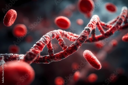 Red blood cells and DNA strand in a colorful scientific visualization of human biology