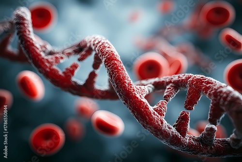 Red blood cells circulate around a detailed DNA strand in a scientific illustration of genetics