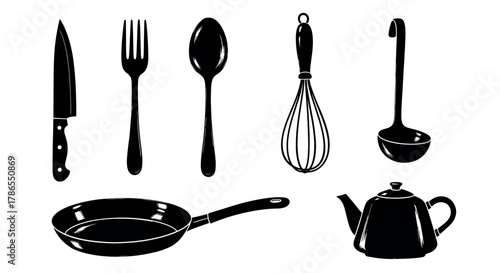 Black silhouette icons of common kitchen utensils including a knife, fork, spoon, whisk, ladle, frying pan, and teapot, arranged in two rows.