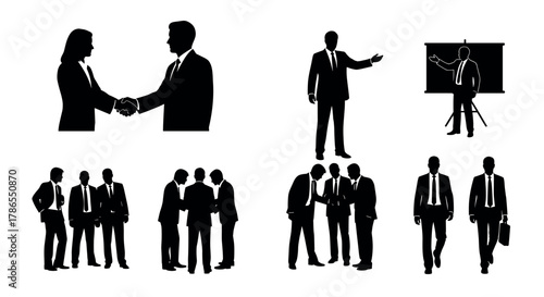 Silhouettes of business professionals in suits engaged in various activities including handshake, presentation, and group discussions.