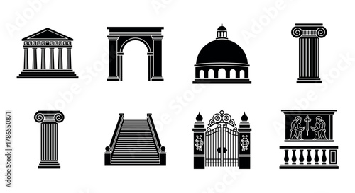 Set of eight black outline icons depicting classical architectural structures including temples, columns, arches, domes, gates, and staircases.