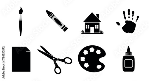Black silhouette icons of art supplies including a paintbrush, crayon, house outline, handprint, paper sheet, scissors, paint palette, and glue bottle.