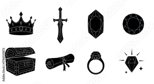 Set of black silhouette icons featuring a crown, sword, gemstones, treasure chest, scroll, ring, and diamond, representing elements of fantasy and adventure.