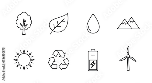 Set of eight black outline icons representing various environmental concepts, including a tree, leaf, water drop, mountains, sun, recycling symbol, battery, and wind turbine.