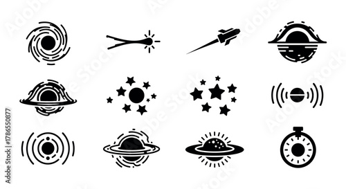Black outline icons depicting various space-related themes including galaxies, asteroids, spacecraft, planets, stars, and time measurement in a minimalist style.