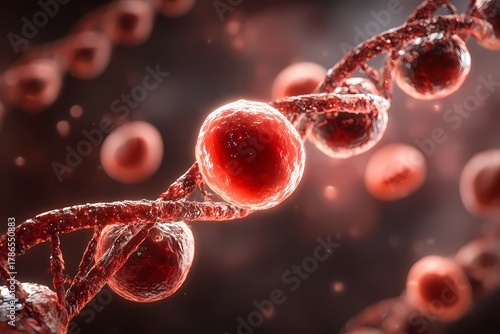 Molecular structure showcasing red blood cells intertwined in a dynamic, abstract representation of biology