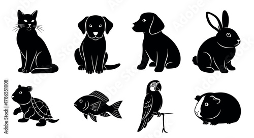 Silhouette icons of various animals including a cat, two dogs, a rabbit, a turtle, a fish, a parrot, and a guinea pig in simple black outlines.