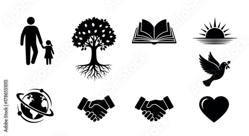 Black silhouette icons depicting a father and child, a flourishing tree, an open book, a sunrise, a globe, a peace dove, a heart, and handshake symbols.