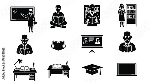 Black silhouette icons of people teaching, reading, and learning, alongside educational elements like desks, books, and a graduation cap.