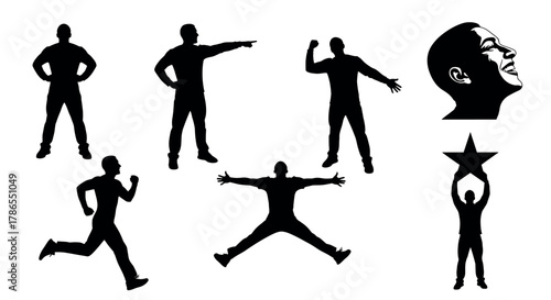 Seven black silhouette figures of a young male engaged in various dynamic and expressive poses.