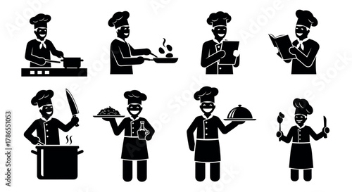 Black silhouette icons of chefs engaged in various cooking activities, including chopping, stirring, reading a recipe, and serving dishes.