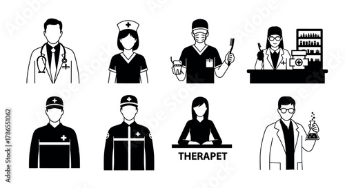 Eight black and white icons depicting various healthcare professionals, including doctors, nurses, veterinarians, and pharmacists engaged in medical activities.