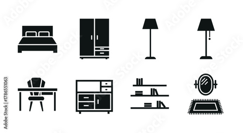 Black silhouette icons of furniture items including a bed, wardrobe, two lamps, desk with chair, cabinet, shelves, mirror, and carpet in a simple style.