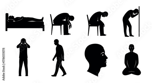 Silhouettes depict a series of poses expressing various emotions and states, including lying on a bed, sitting hunched, and standing with head in hands.