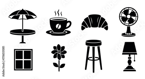 Black silhouette icons of a patio table with umbrella, steaming coffee cup, croissant, tabletop fan, window, flower, bar stool, and lamp.
