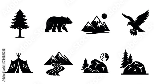 Black silhouette icons depicting a tree, bear, mountain, eagle, tent, river, moon, and rocks for outdoor and nature themes.