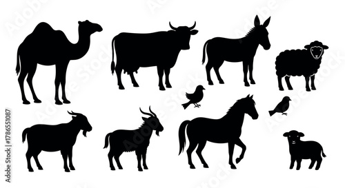 Collection of black silhouette icons depicting various farm animals, including a camel, cow, donkey, sheep, goat, horse, and birds, showcasing diverse livestock species.