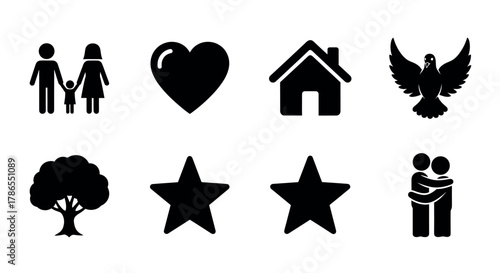 A collection of eight black silhouette icons including a family, a heart, a house, a dove, a tree, two stars, and a hugging couple, symbolizing various aspects of life.