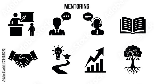 Black and white icons depict mentoring concepts including a speaker at a podium, communication, education materials, and growth symbols.