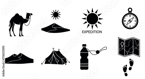 Black silhouette icons of a camel, desert mountains, sun, compass, expedition text, tent, water bottle, and map with footprints depicting an adventure theme.