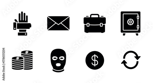 Set of eight black icons representing a glove, envelope, briefcase, safe, stacked coins, mask, dollar sign, and a circular arrow on a white background.