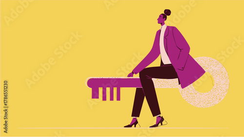 Business person holding large key – modern flat vector illustration symbolizing success, opportunity, and access