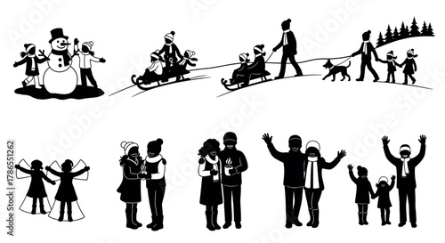 Black silhouette illustrations of families engaged in winter activities, including building snowmen, sledding, walking dogs, and drinking hot beverages.