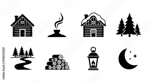 Black silhouette icons depicting a log cabin, campfire, snow-covered cabin, pine trees, winding path, stacked logs, lantern, and crescent moon with stars.
