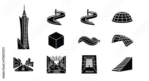 Black silhouette icons representing architectural elements including a skyscraper, curved road, dome, cube, wave, arch, cityscape, elevator lobby, atrium, and staircase.