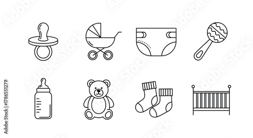 Black outline vector icons set of baby items including a pacifier, stroller, diaper, rattle, bottle, teddy bear, socks, and crib.