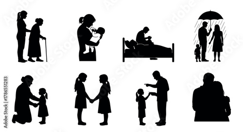 Silhouettes depicting family interactions including caregiving, nurturing, and various everyday activities involving adults and children.