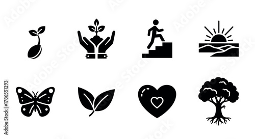 Black silhouette icons of growth and nature, including a sprouting seed, nurturing hands, person climbing stairs, rising sun, butterfly, leaves, heart, and a tree.