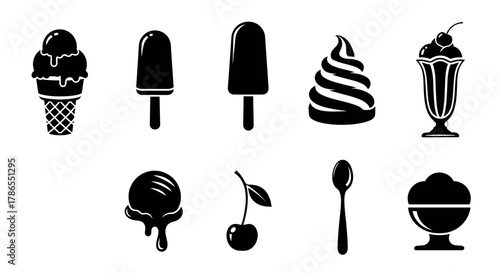A collection of various black silhouette icons depicting ice cream cones, popsicles, soft serve, sundaes, a cherry, a spoon, and a bowl of ice cream, showcasing dessert concepts.