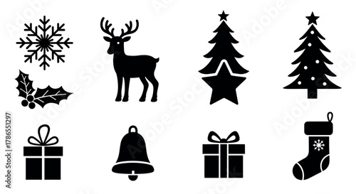 Black silhouette icons of christmas-themed symbols including a snowflake, reindeer, decorated trees, holly leaves, gift boxes, a bell, and a stocking.