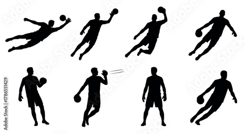 Silhouettes of male athletes in various dynamic poses playing handball, showcasing action such as jumping, throwing, and standing with a ball.