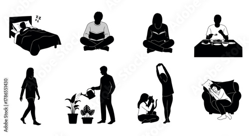 Black silhouette icons depicting male and female figures in various daily activities, including sleeping, reading, eating, walking, watering plants, stretching, petting a dog, and resting.