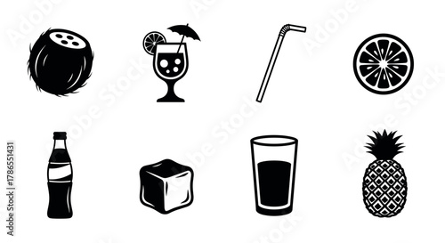 Black silhouetted set of beverage-related icons including a coconut, cocktail, straw, lemon slice, soda bottle, ice cube, filled glass, and pineapple.
