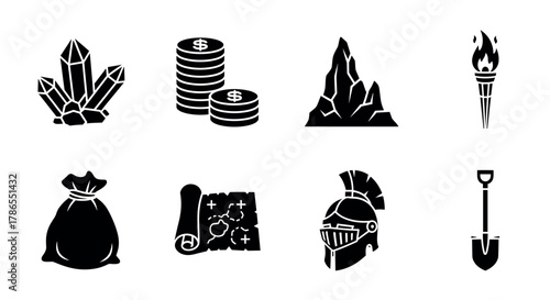Black silhouette icons depicting crystals, stacked coins, a rocky mountain, a torch, a sack, a treasure map, a knight helmet, and a shovel, symbolizing exploration and wealth themes.