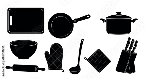 Set of black silhouette kitchen utensils including a pan, pot, bowl, knives in a block, rolling pin, ladle, cutting board, oven mitt, and pot holder.