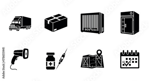 Set of eight black icons representing logistics, medicine, and scheduling, including a truck, package, shipping container, cooler, barcode scanner, medicine bottle, map, and calendar.